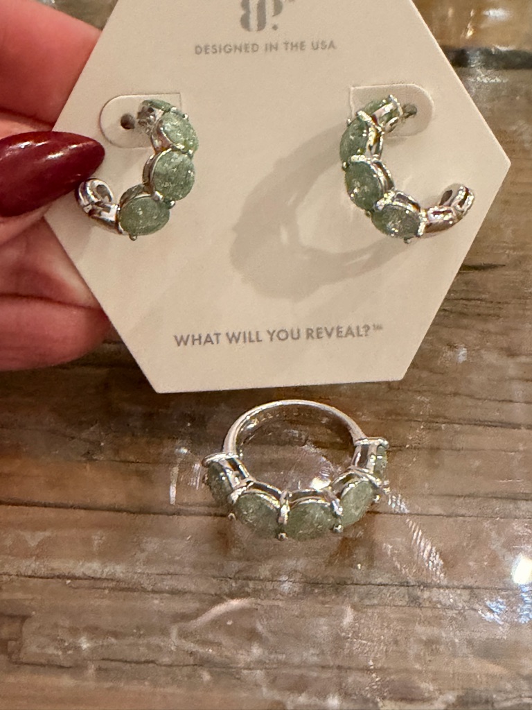 Bomb Party Nwot! Light Green Druzy Hoop Earrings And Ring Set